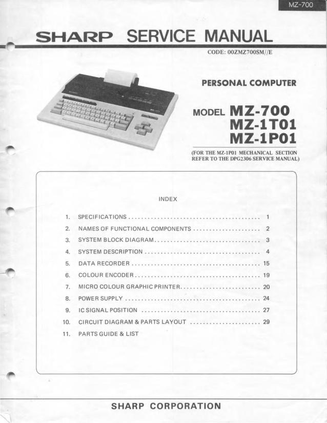 Sharp MZ-700 Service Manual : Sharp Corporation : Free Download